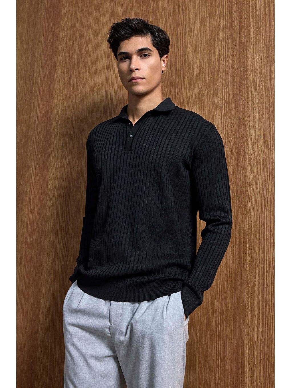 Erkek Slim Fit Polo Yaka Fitilli Örme Triko Kazak Siyah-2