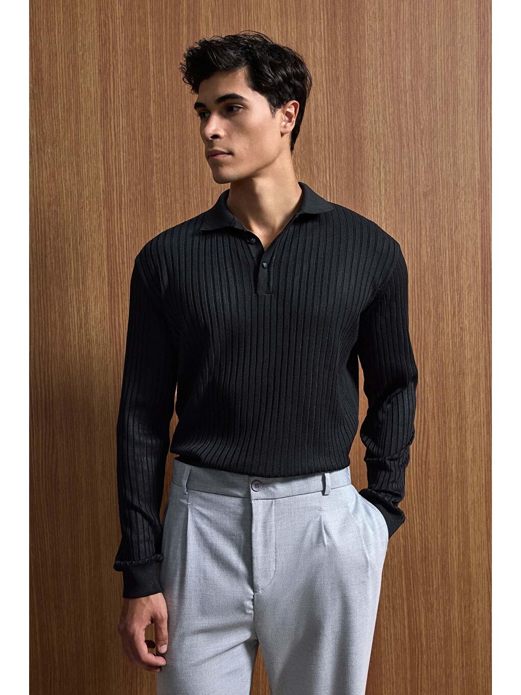 Erkek Slim Fit Polo Yaka Fitilli Örme Triko Kazak Siyah-3