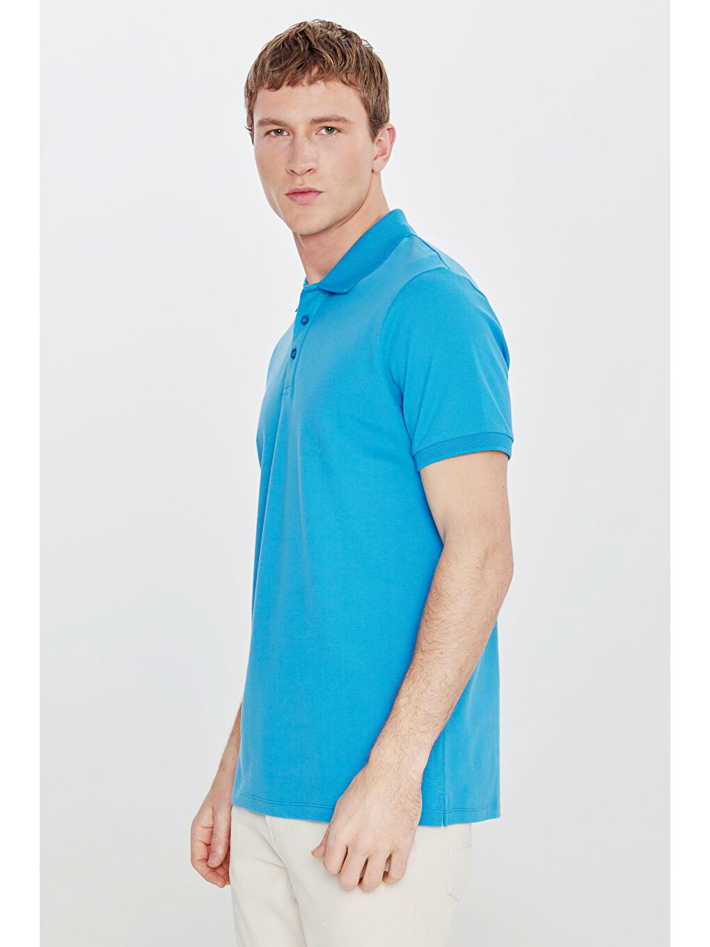 Erkek Turkuaz Slim Fit Dar Kesim Polo Yaka %100 Pamuk Kısa Kollu Tişört-7