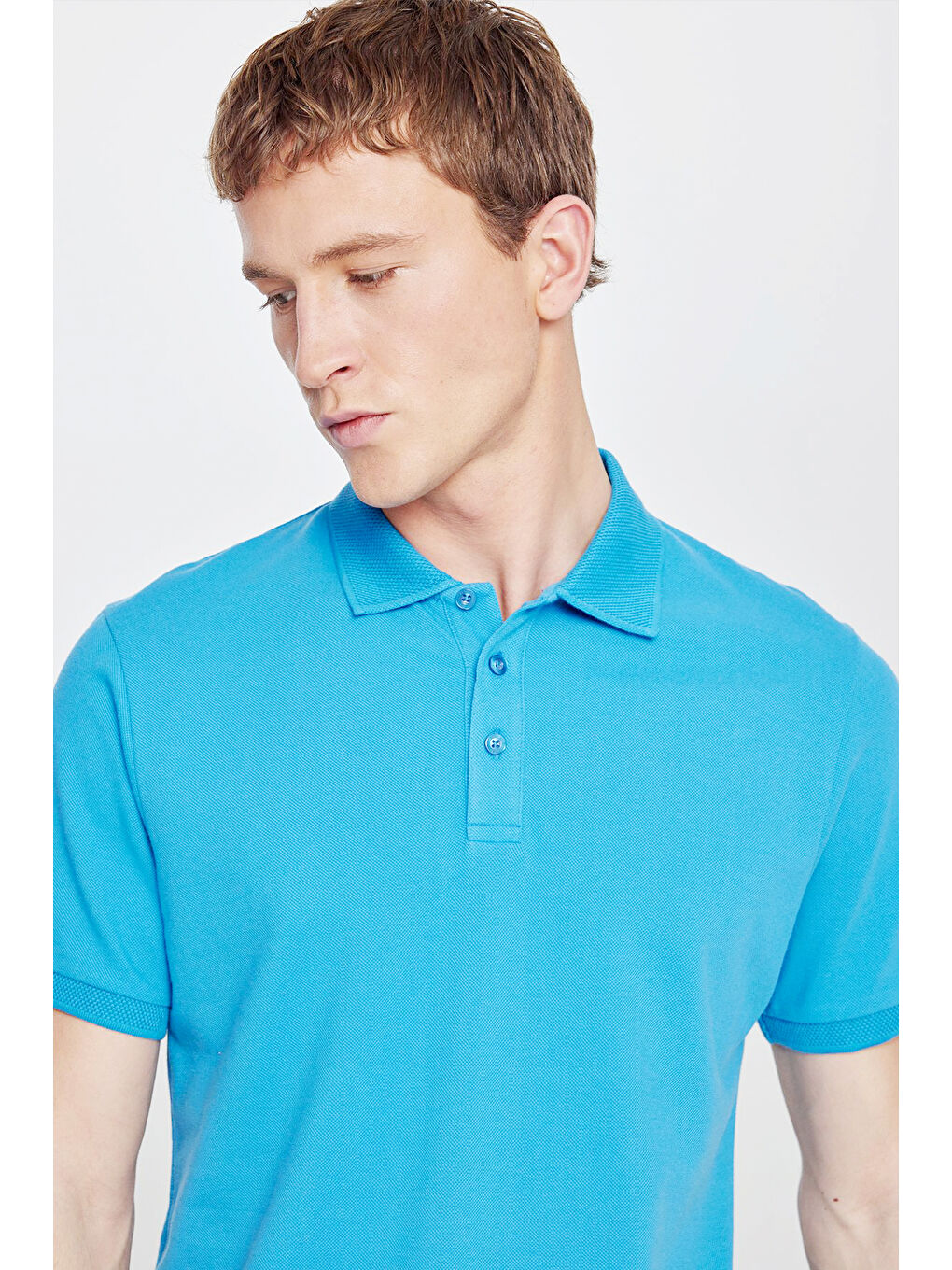 Erkek Turkuaz Slim Fit Dar Kesim Polo Yaka %100 Pamuk Kısa Kollu Tişört-8