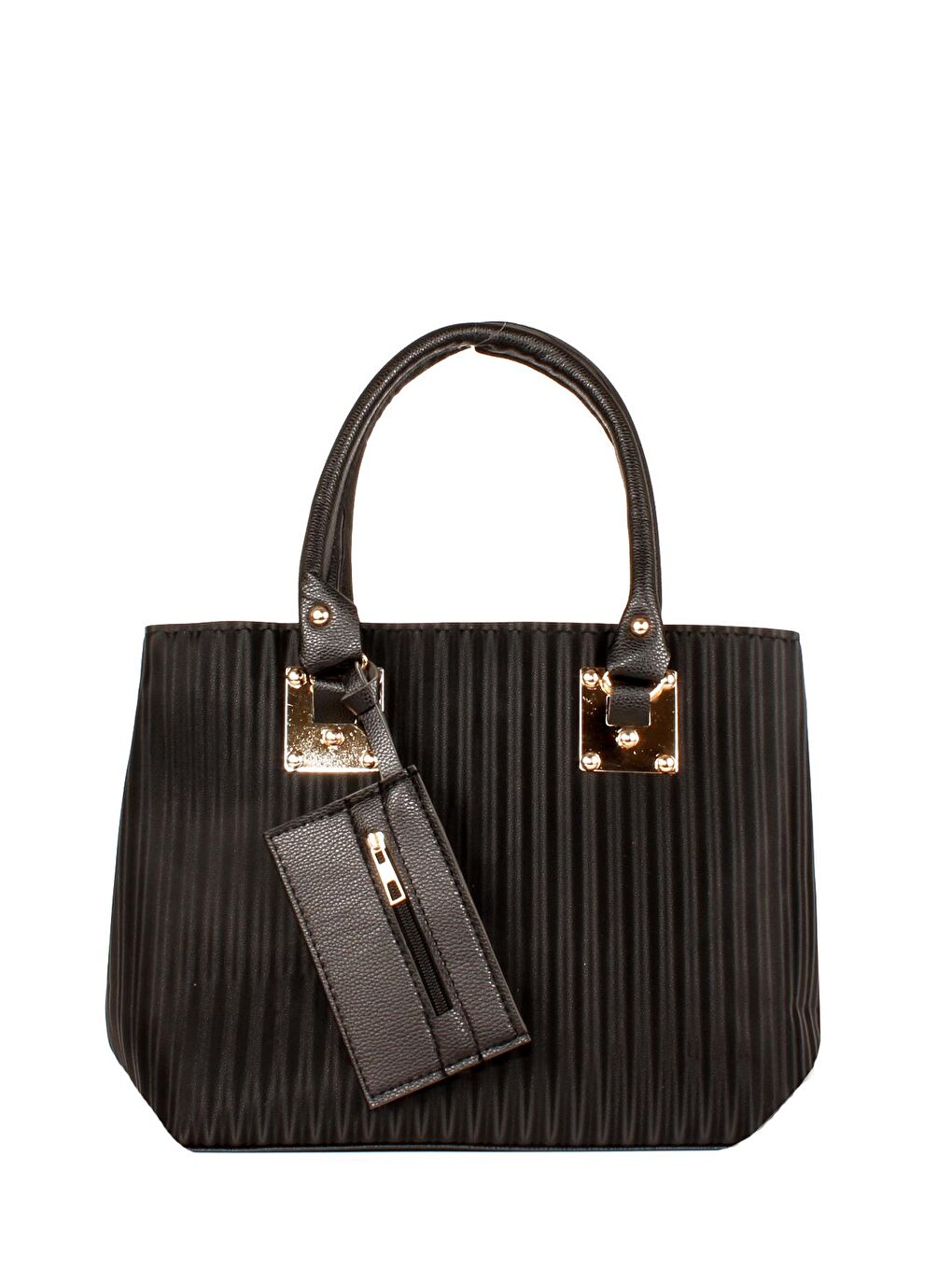 Siyah Kadın Anne Tarz Saten Dokulu Cüzdanlı Gold Varaklı El ve Omuz Çantası (10622)-4