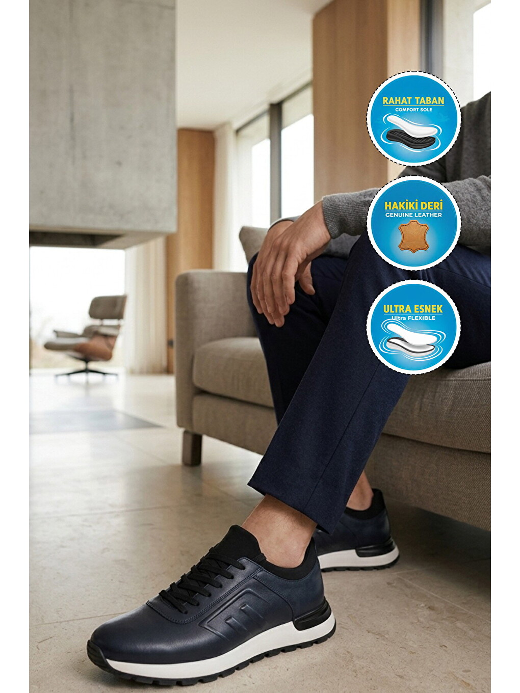 Erkek Lacivert Hakiki Deri Casual Ayakkabı Bağcıklı Rahat Konfor Tabanlı Sneaker M294 M-2