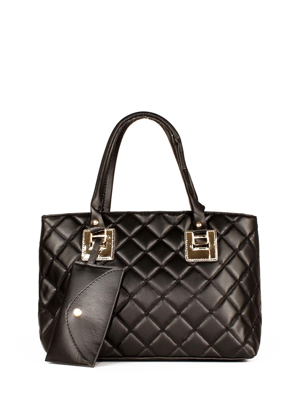 Siyah Kadın Anne Tarz Kapitoneli Cüzdanlı Gold Varaklı El ve Omuz Çantası (20617)