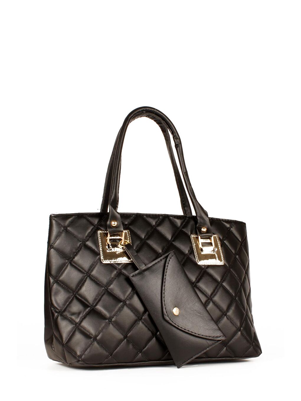 Siyah Kadın Anne Tarz Kapitoneli Cüzdanlı Gold Varaklı El ve Omuz Çantası (20617)-1