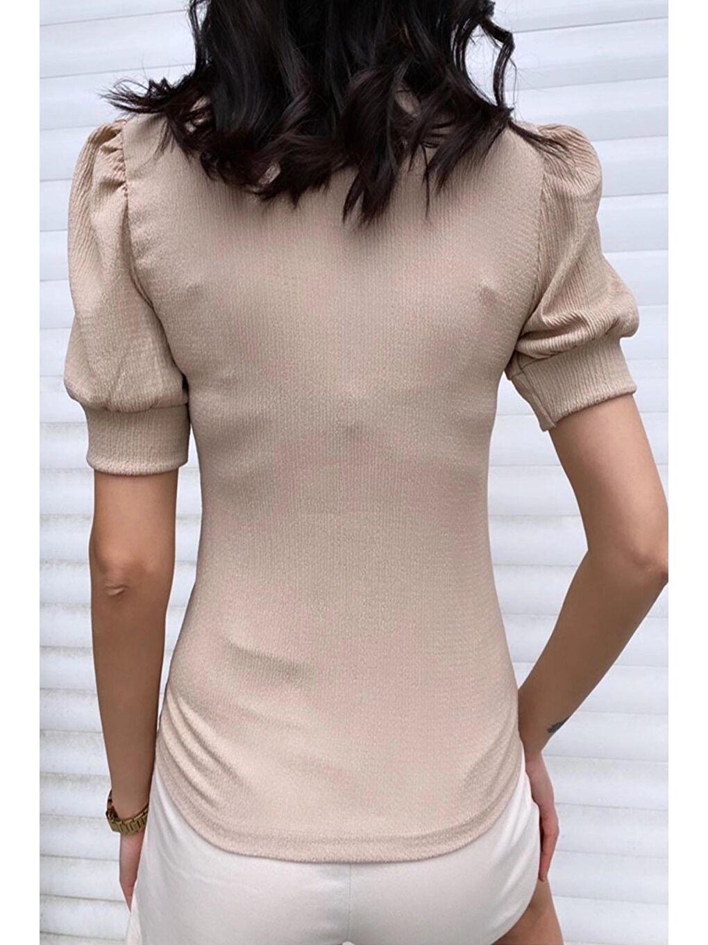 Bej Kare Yaka Kısa Kol Bluz-4