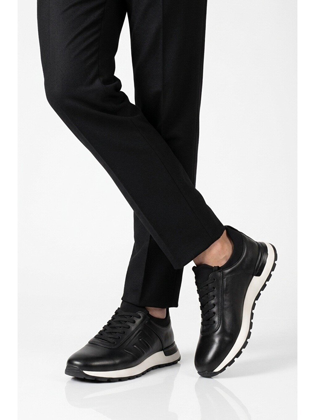Erkek Siyah Hakiki Deri Casual Ayakkabı Bağcıklı Rahat Konfor Tabanlı Sneaker M294 M-1