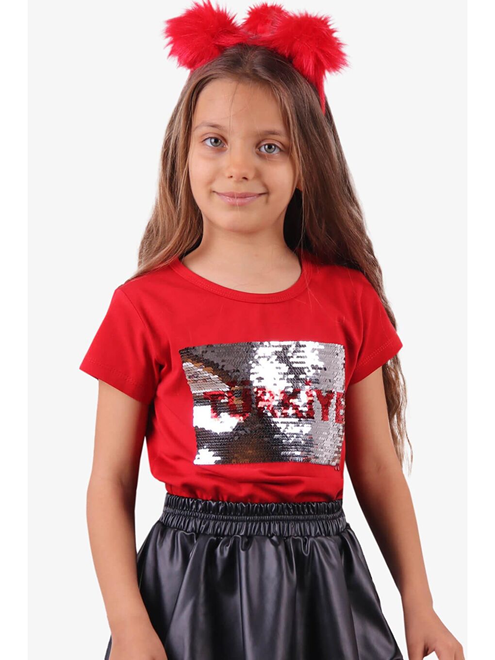 Kız Çocuk Tişört Pullu Ay Yıldızlı Kırmızı  (4-14 Yaş)-1