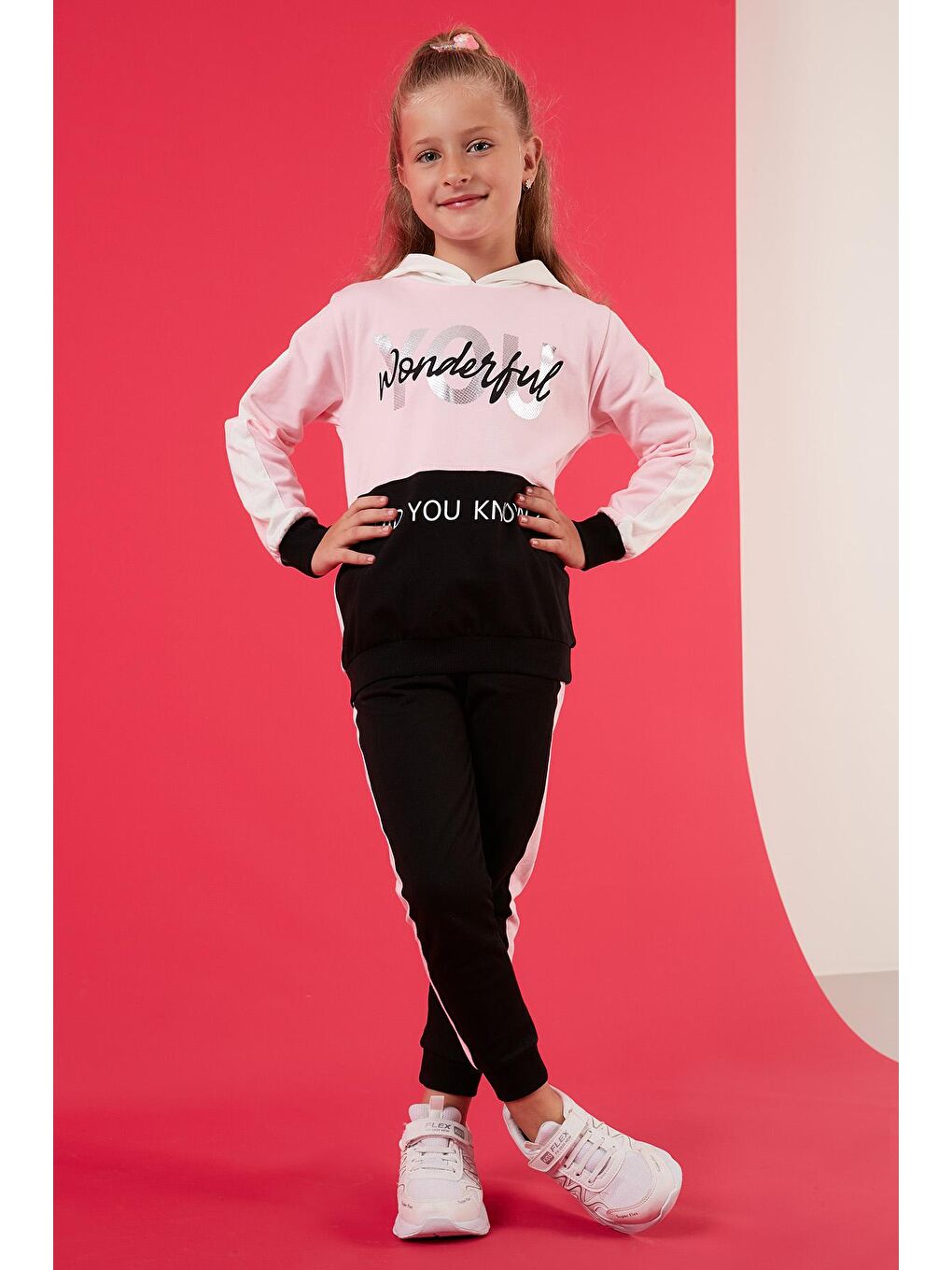 Pembe Baskılı Kapüşonlu Cepli % 100 Pamuk Kız Çocuk Takım 59210207-1