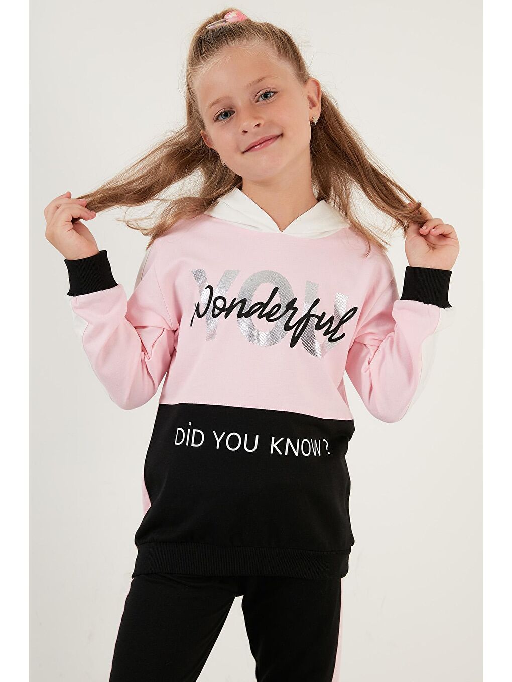 Pembe Baskılı Kapüşonlu Cepli % 100 Pamuk Kız Çocuk Takım 59210207-2