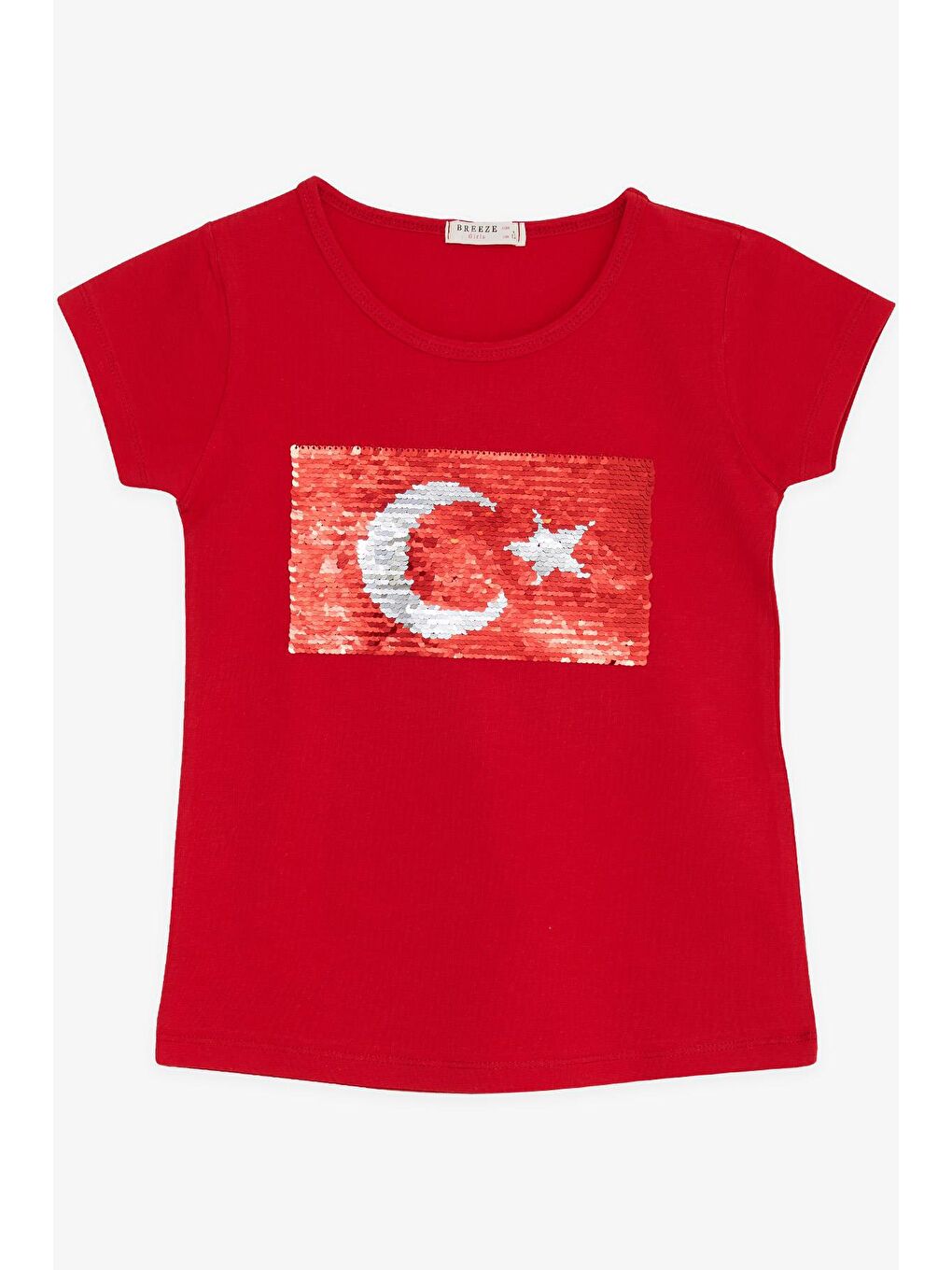 Kız Çocuk Tişört Pullu Ay Yıldızlı Kırmızı  (4-14 Yaş)-3