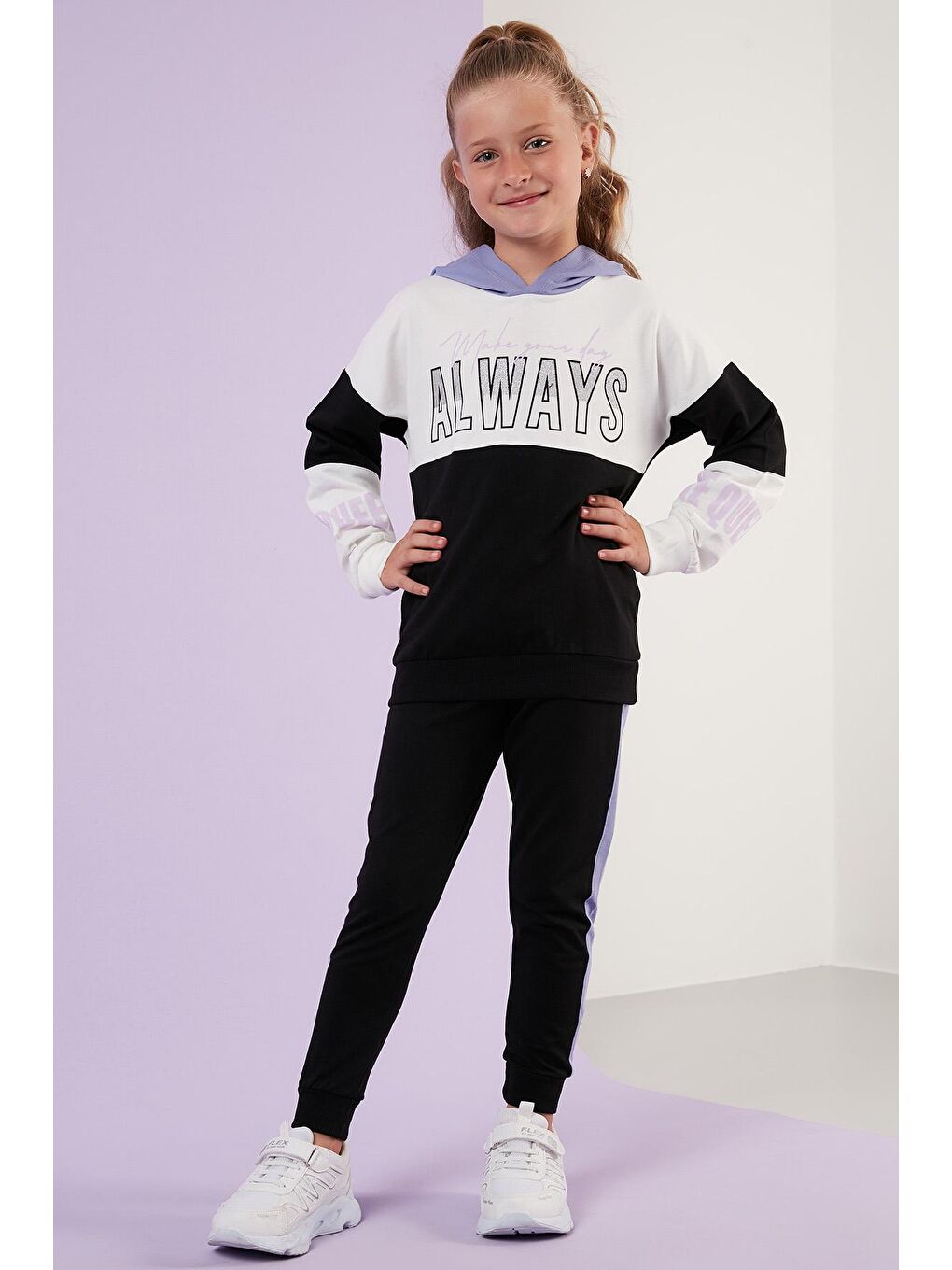 Lila Baskılı Kapüşonlu Cepli % 100 Pamuk Kız Çocuk Takım 59210415