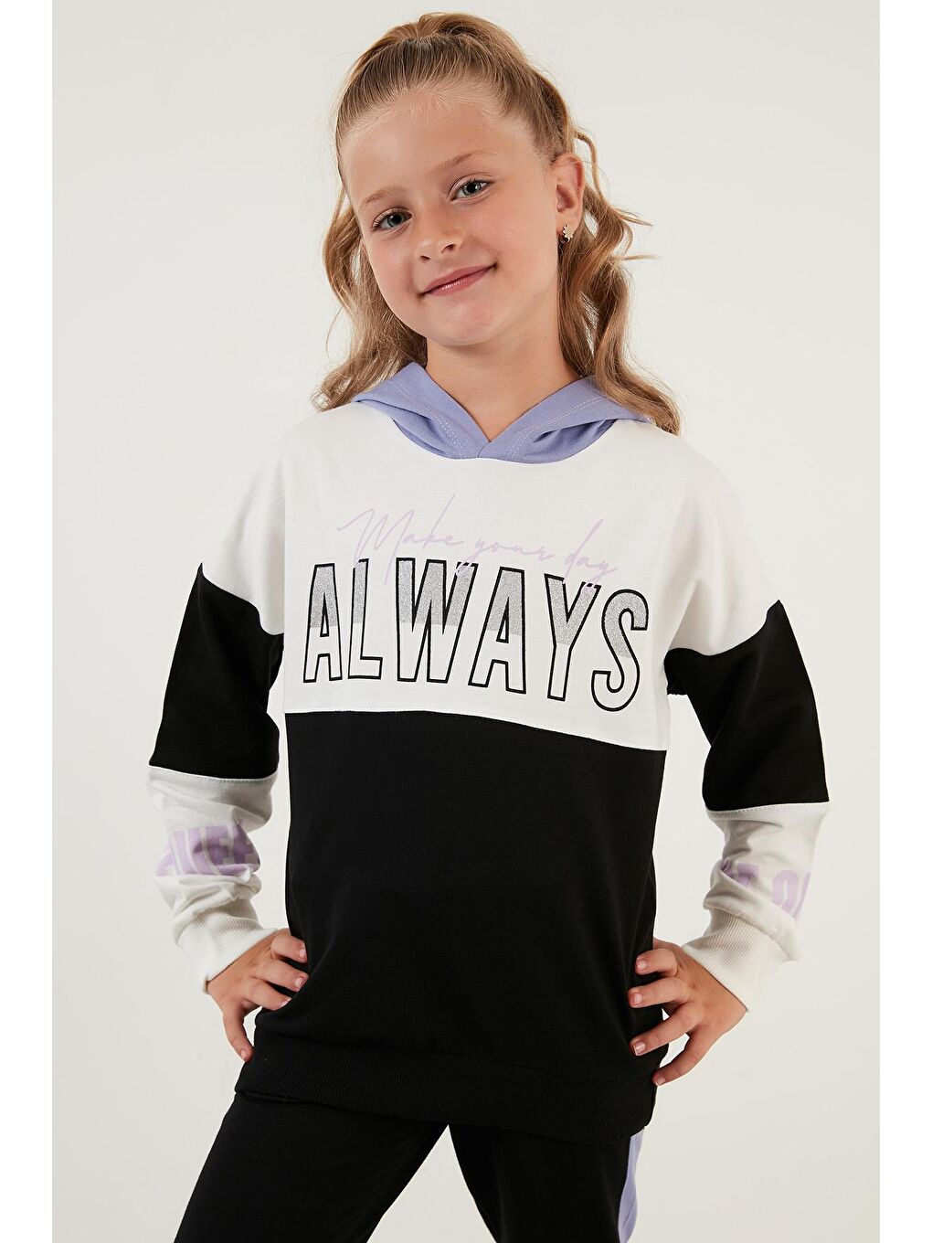 Lila Baskılı Kapüşonlu Cepli % 100 Pamuk Kız Çocuk Takım 59210415-1