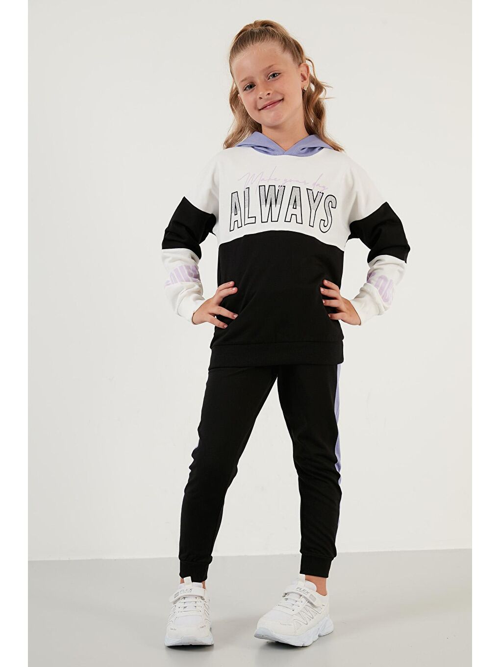 Lila Baskılı Kapüşonlu Cepli % 100 Pamuk Kız Çocuk Takım 59210415-3