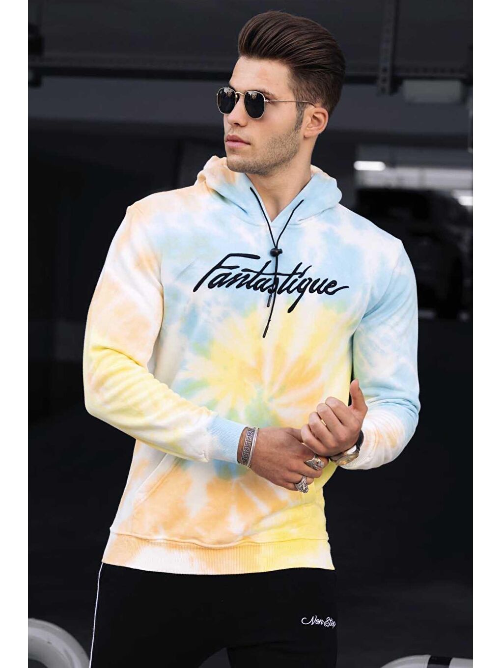 Sarı Batik Kapüşonlu Erkek Sweatshirt 4757