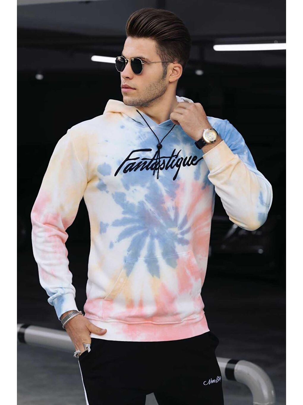 Turuncu Batik Kapüşonlu Erkek Sweatshirt 4757