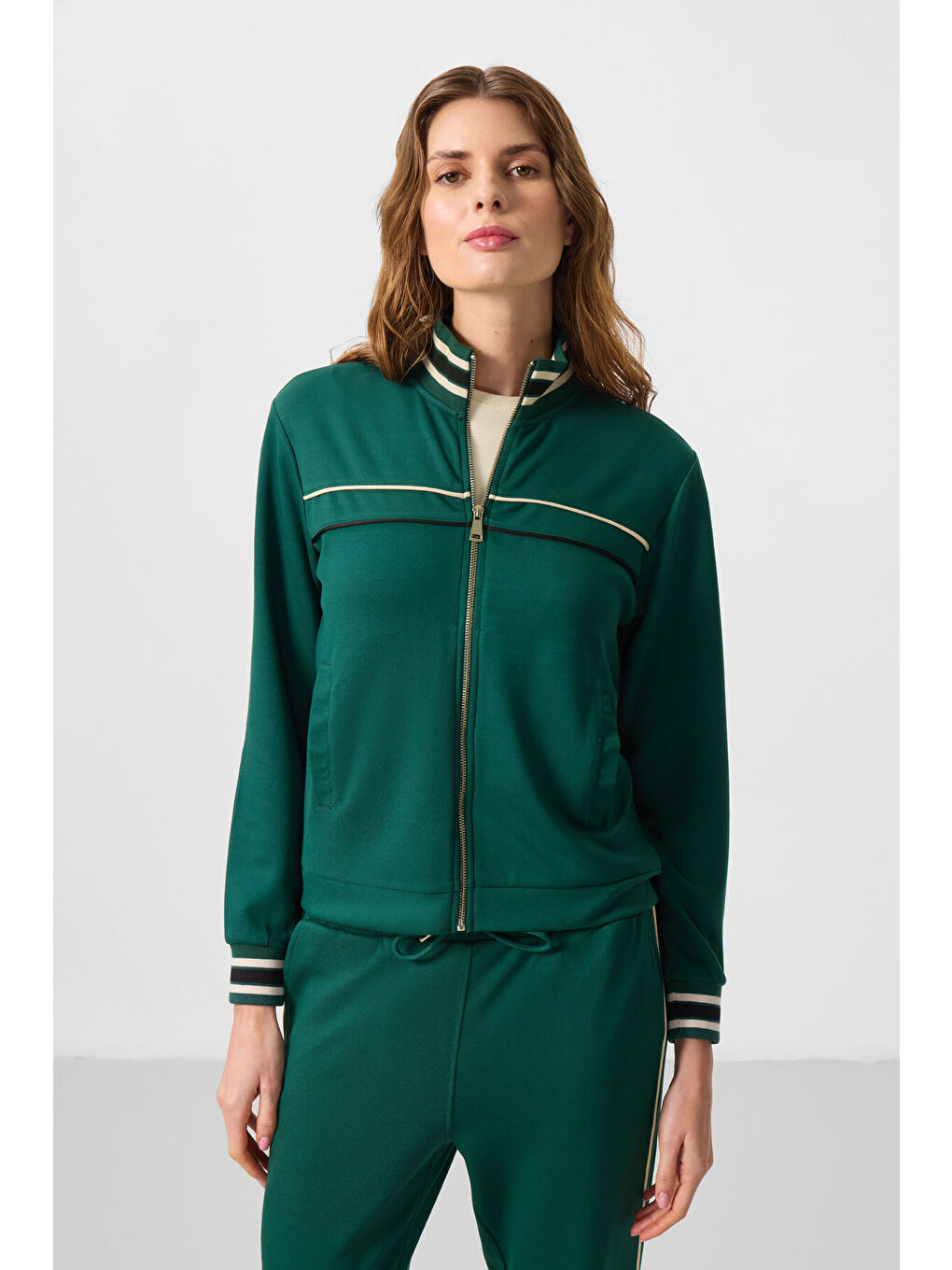 Yeşil Yumuşak Dokulu Triko Dik Yaka Oversize Kadın Eşofman Takım - 95350-1