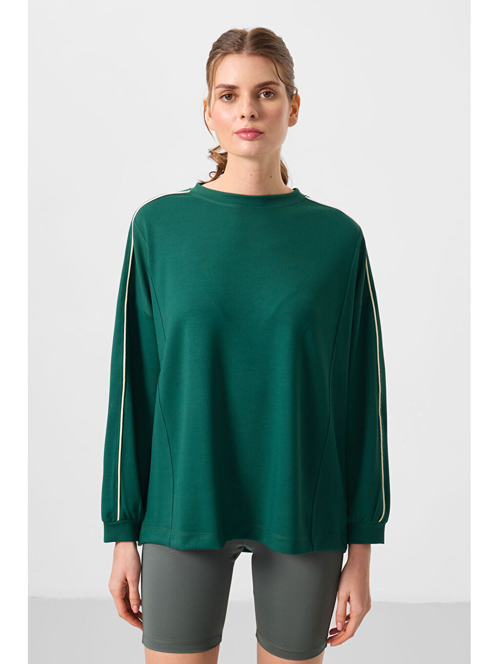 Yeşil Yumuşak Dokulu O Yaka Oversize Kadın Tunik Sweatshirt - 97303