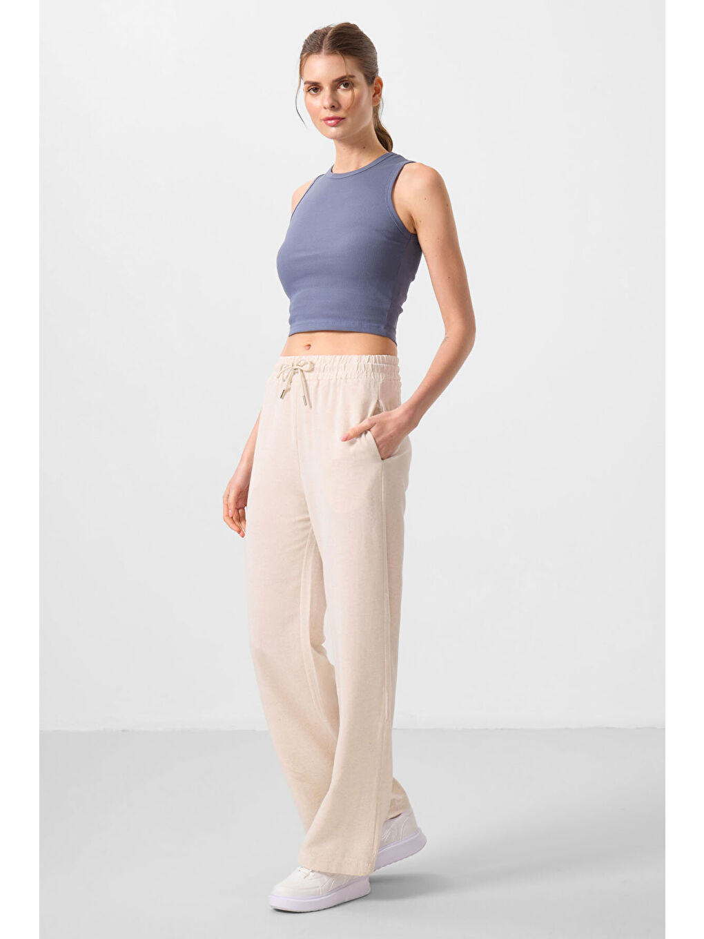 Bej Keten Geniş Paça Rahat Form Kadın Palazzo Pantolon - 94675-1