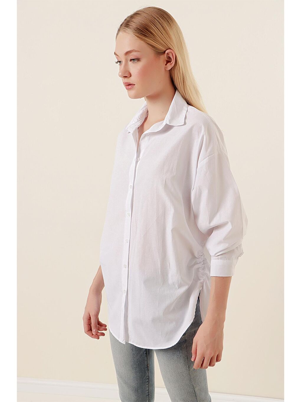 20132 İp Büzgülü Oversize Gömlek - Beyaz-2