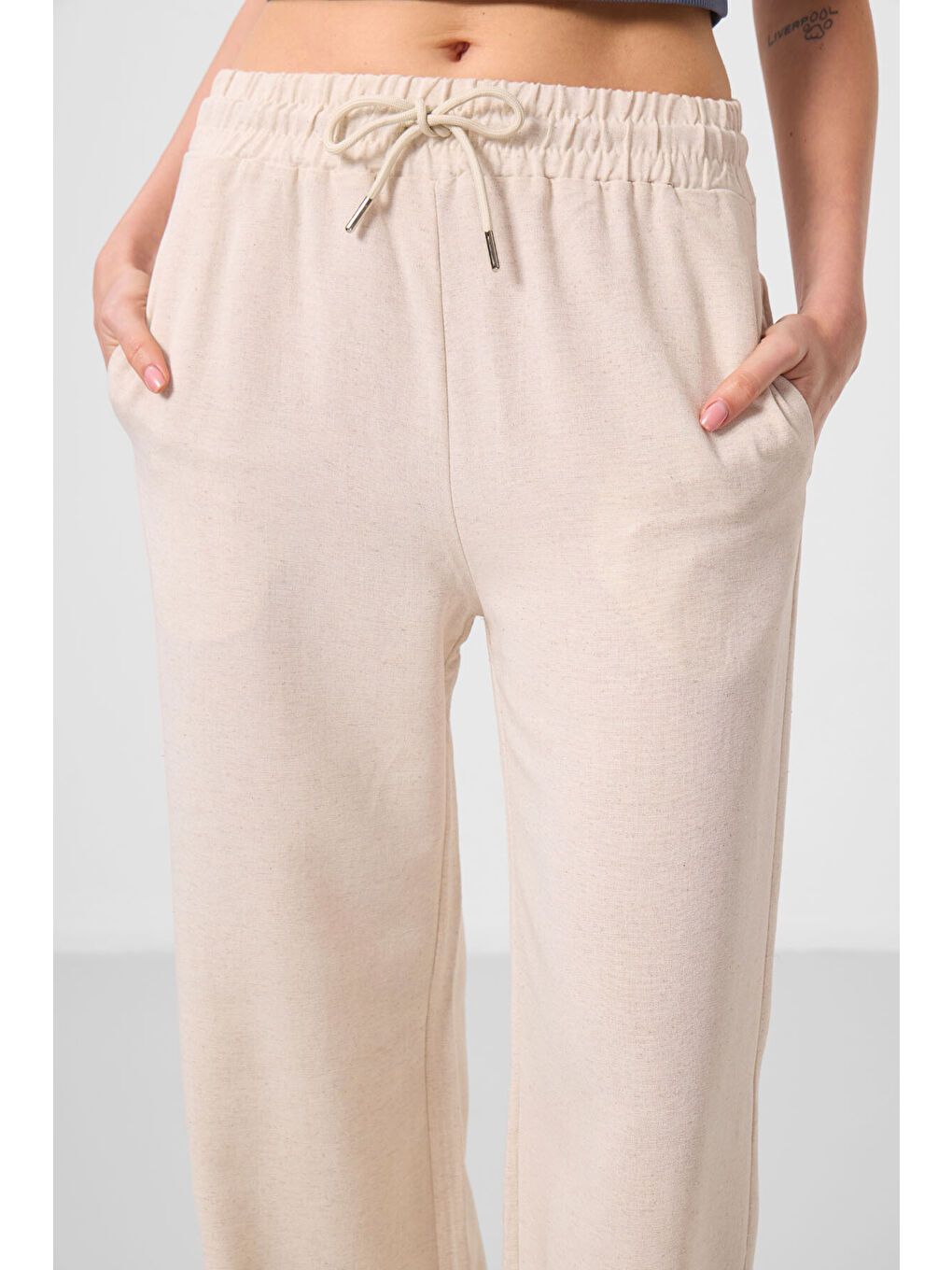 Bej Keten Geniş Paça Rahat Form Kadın Palazzo Pantolon - 94675-2