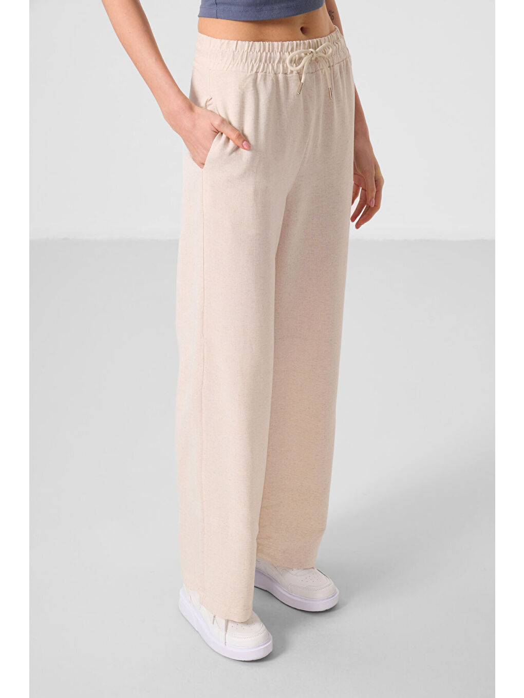 Bej Keten Geniş Paça Rahat Form Kadın Palazzo Pantolon - 94675-3