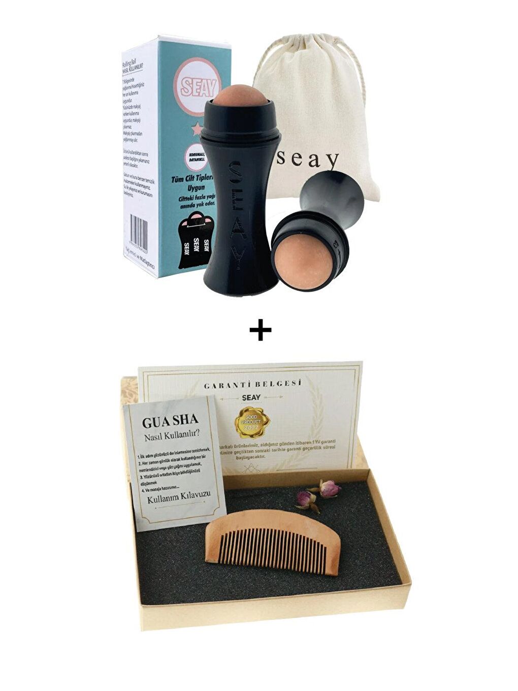 Bambu Tarak Gua Sha Ve Volkanik Taş Yağ Emici Roller 2'li Set