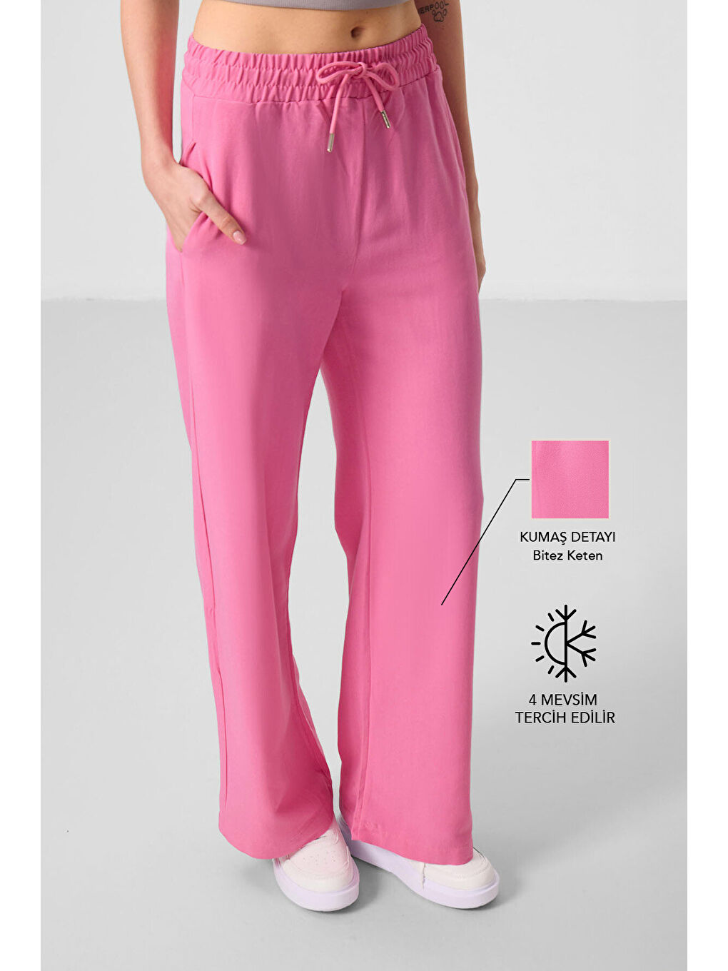 Fuşya Keten Geniş Paça Rahat Form Kadın Palazzo Pantolon - 94675
