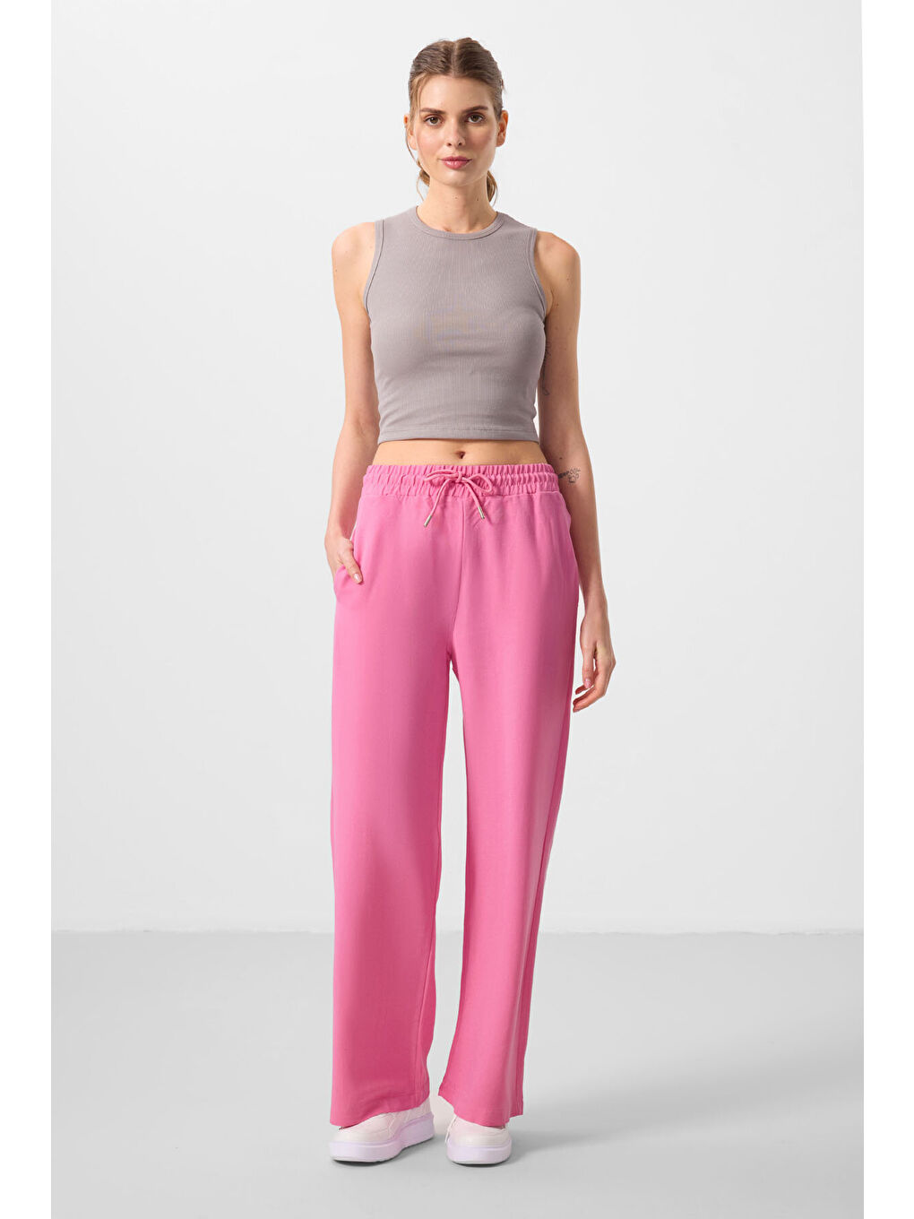 Fuşya Keten Geniş Paça Rahat Form Kadın Palazzo Pantolon - 94675-1