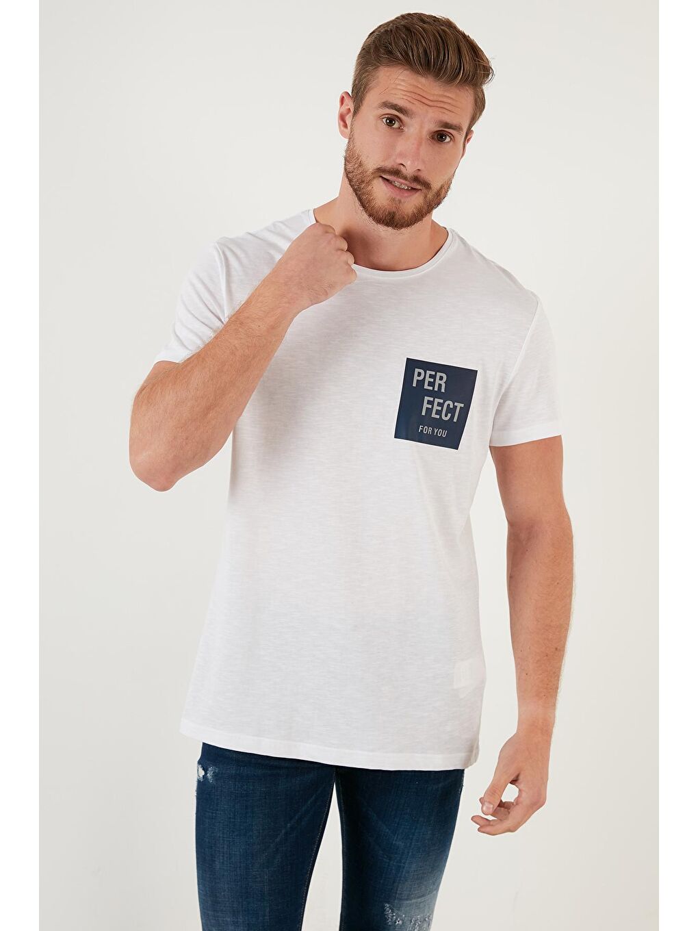 Beyaz Baskılı Bisiklet Yaka %100 Pamuk Tişört 5902349-1