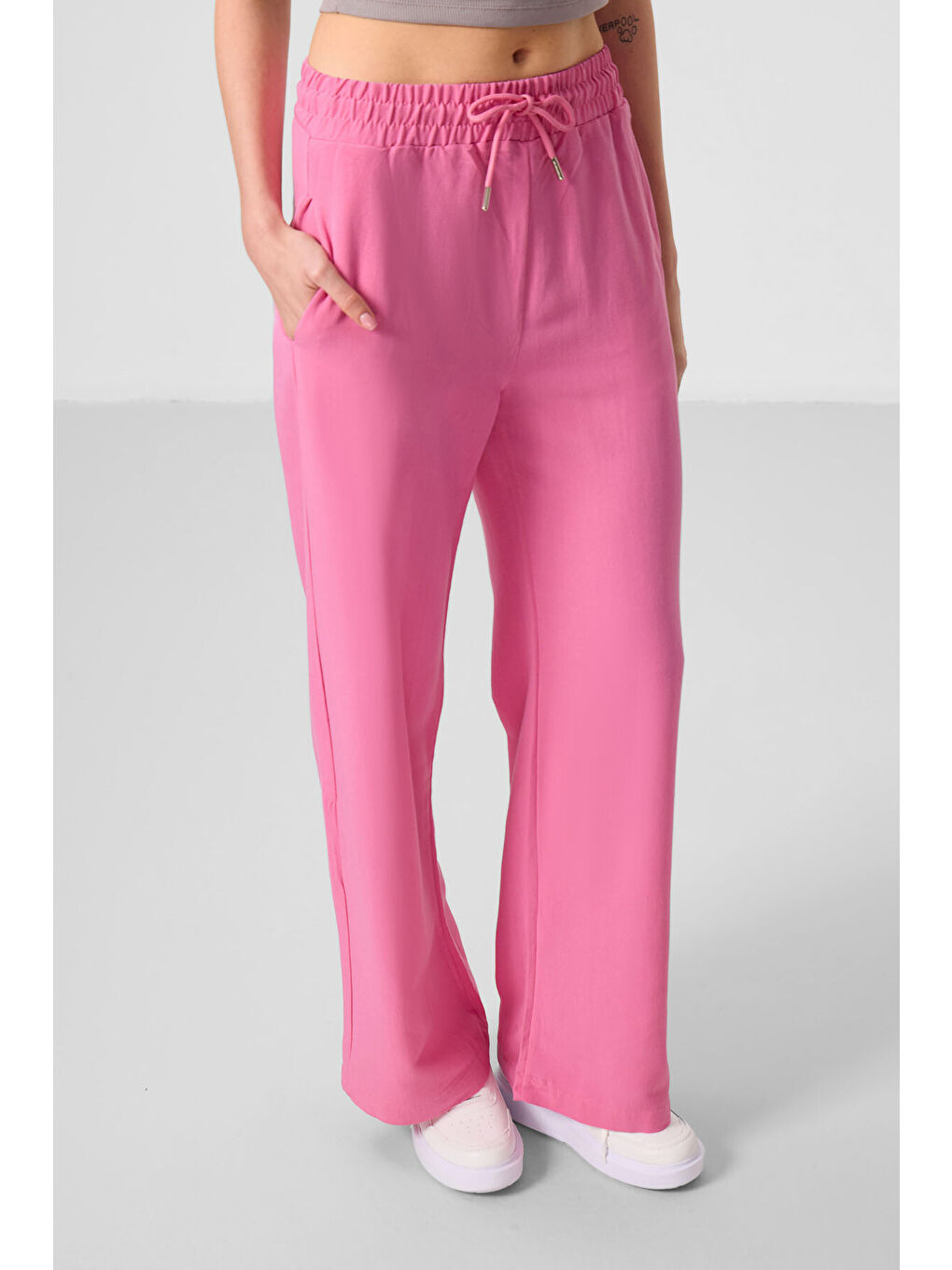 Fuşya Keten Geniş Paça Rahat Form Kadın Palazzo Pantolon - 94675-3