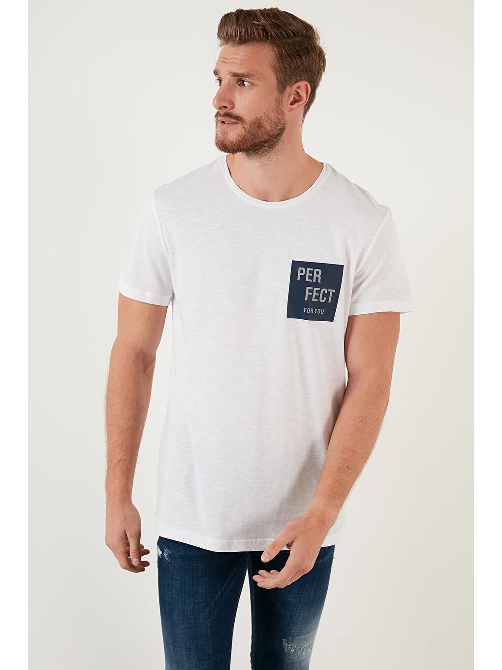 Beyaz Baskılı Bisiklet Yaka %100 Pamuk Tişört 5902349-2