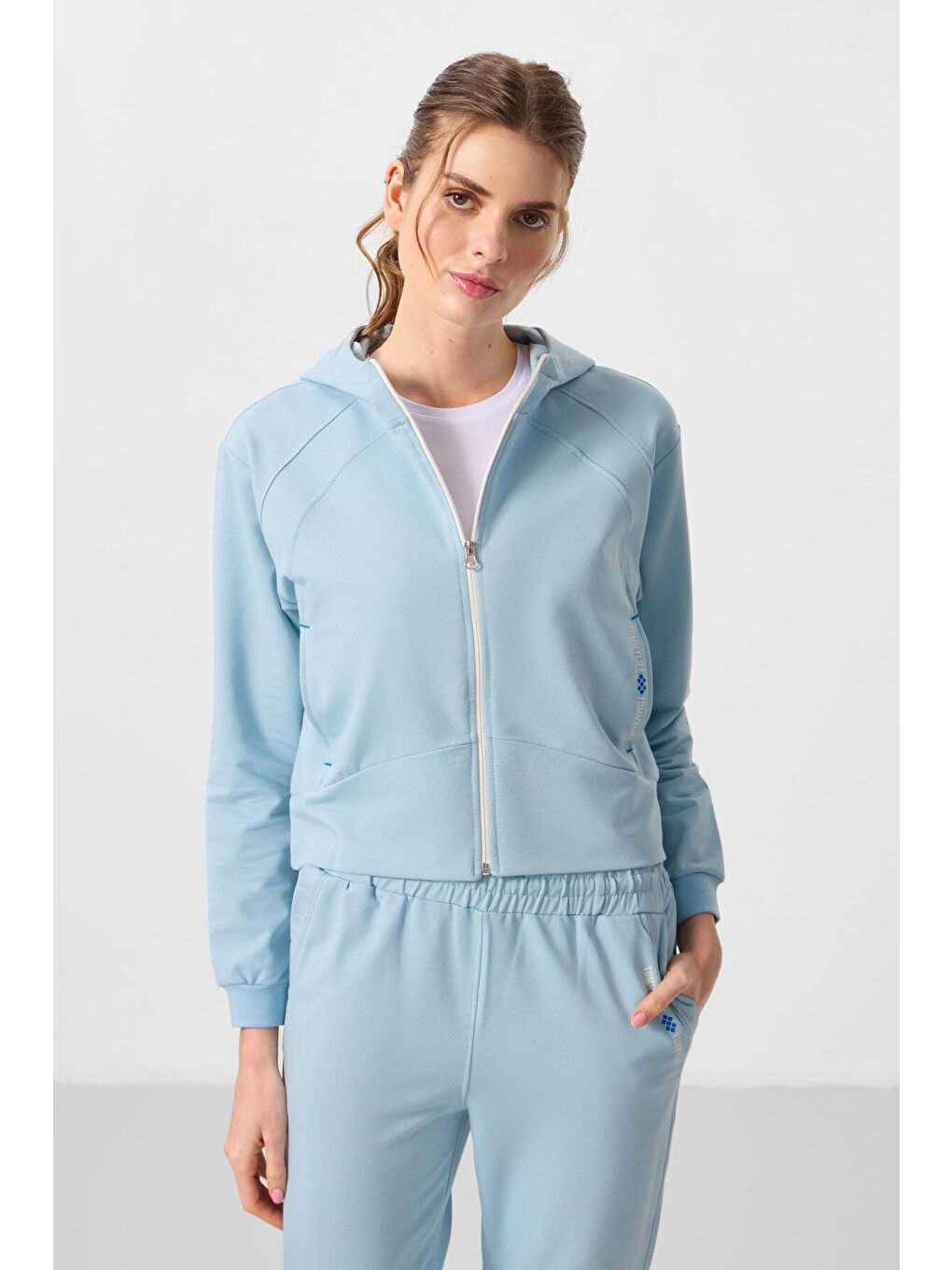 Açık Mavi Kapüşonlu Fermuarlı Oversize Kadın Eşofman Takım   95328-1