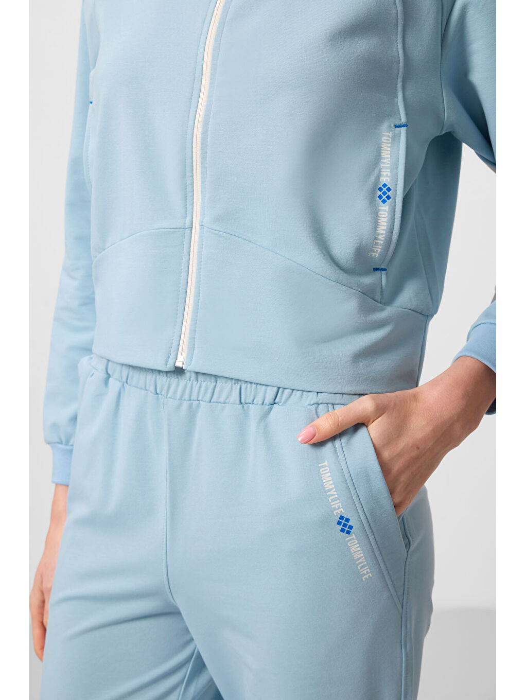 Açık Mavi Kapüşonlu Fermuarlı Oversize Kadın Eşofman Takım   95328-4