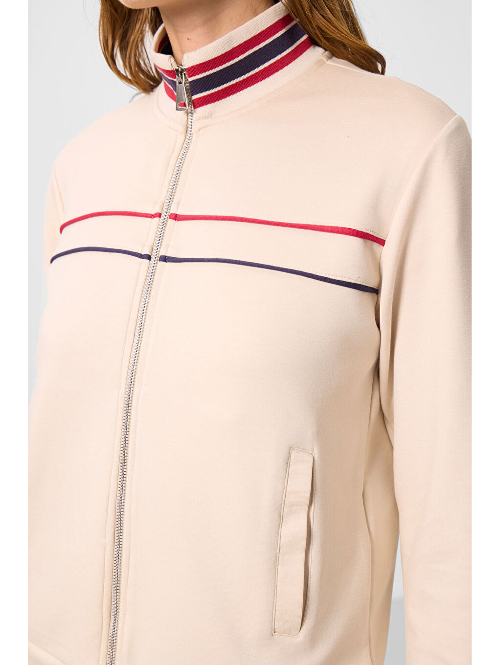 Bej Yumuşak Dokulu Triko Dik Yaka Oversize Kadın Eşofman Takım - 95350-3