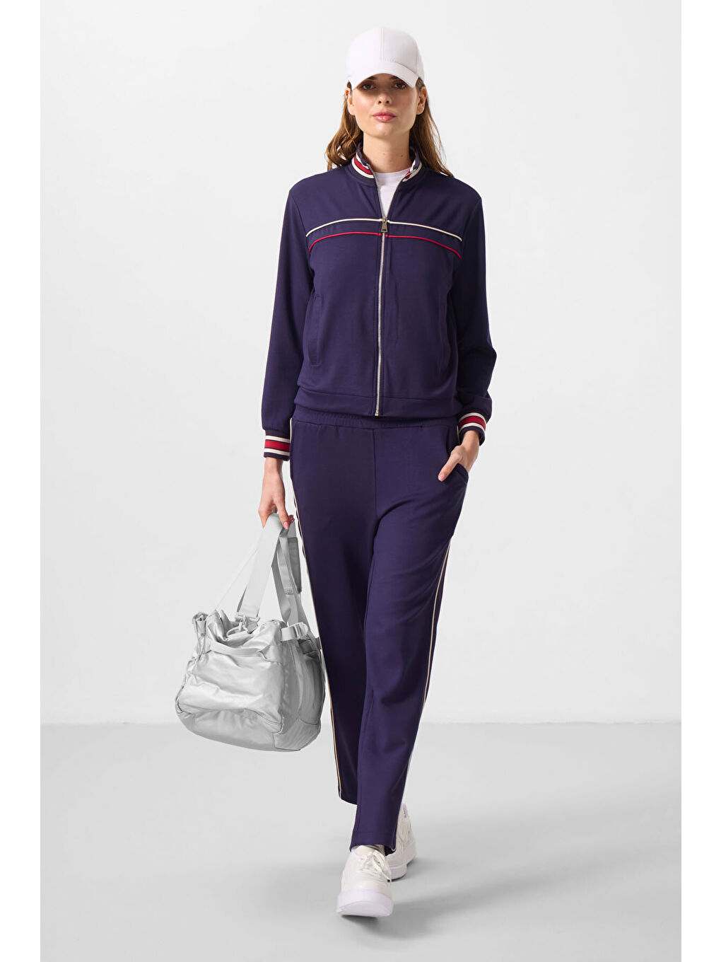 Koyu Mor Yumuşak Dokulu Triko Dik Yaka Oversize Kadın Eşofman Takım - 95350