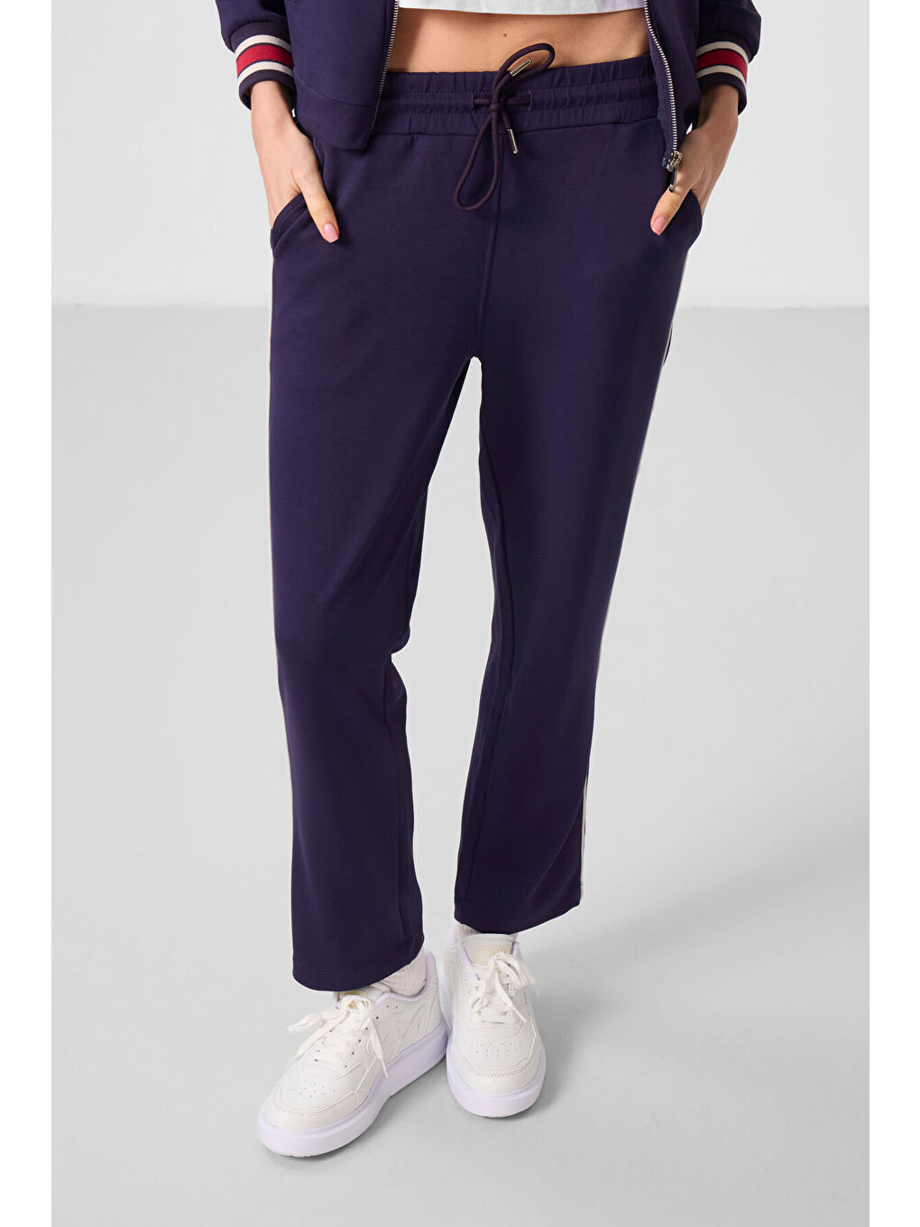 Koyu Mor Yumuşak Dokulu Triko Dik Yaka Oversize Kadın Eşofman Takım - 95350-2