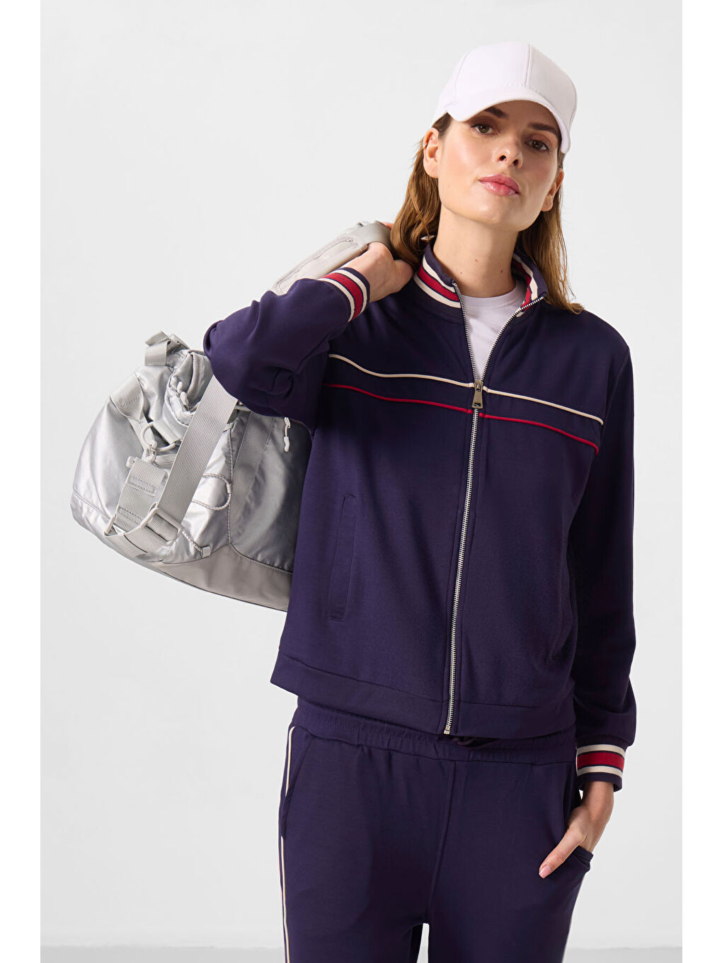 Koyu Mor Yumuşak Dokulu Triko Dik Yaka Oversize Kadın Eşofman Takım - 95350-3