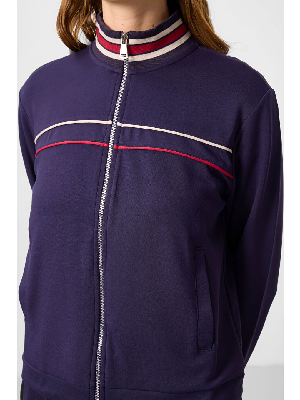 Koyu Mor Yumuşak Dokulu Triko Dik Yaka Oversize Kadın Eşofman Takım - 95350-4