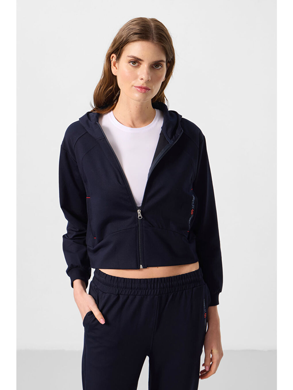 Lacivert Kapüşonlu Fermuarlı Oversize Kadın Eşofman Takım   95328-1