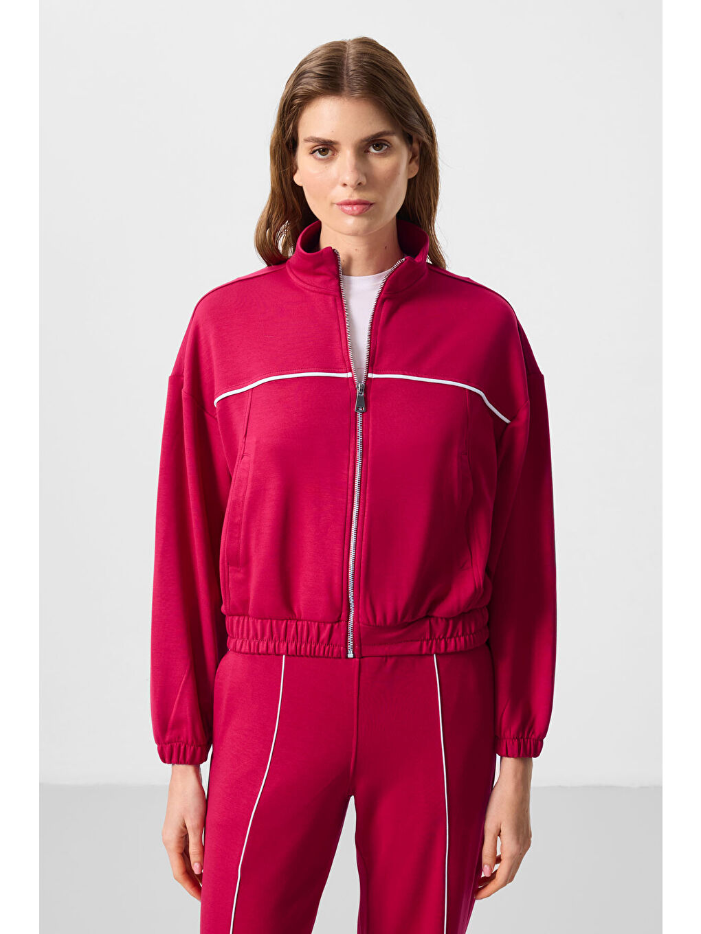 Viva Kırmızı Yumuşak Dokulu Dik Yaka Oversize Lastikli Kadın Eşofman Takım - 95349-2