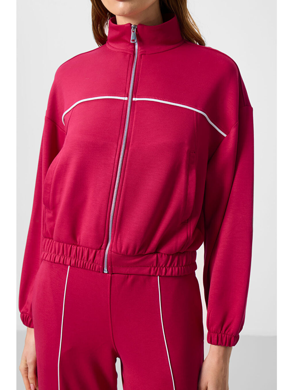 Viva Kırmızı Yumuşak Dokulu Dik Yaka Oversize Lastikli Kadın Eşofman Takım - 95349-4