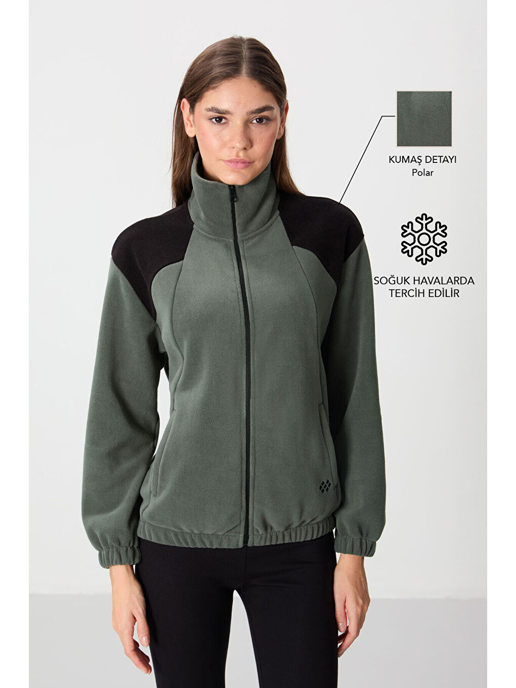 Haki Kalın Yumuşak Dokulu Dik Yaka Oversize Nakışlı Polar Kadın Sweatshirt - 97293