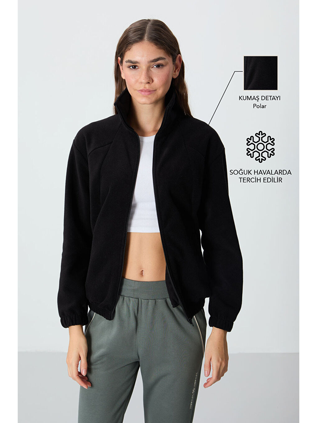 Siyah Kalın Yumuşak Dokulu Dik Yaka Oversize Nakışlı Polar Kadın Sweatshirt - 97293