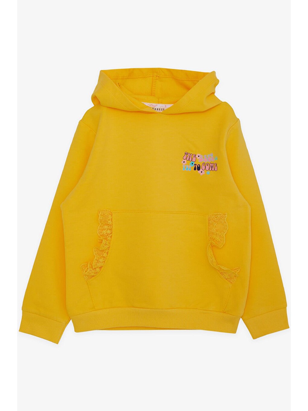 Kız Çocuk Sweatshirt Kanguru Cepli Yazı Baskılı Güpürlü Sarı (3-8 Yaş)