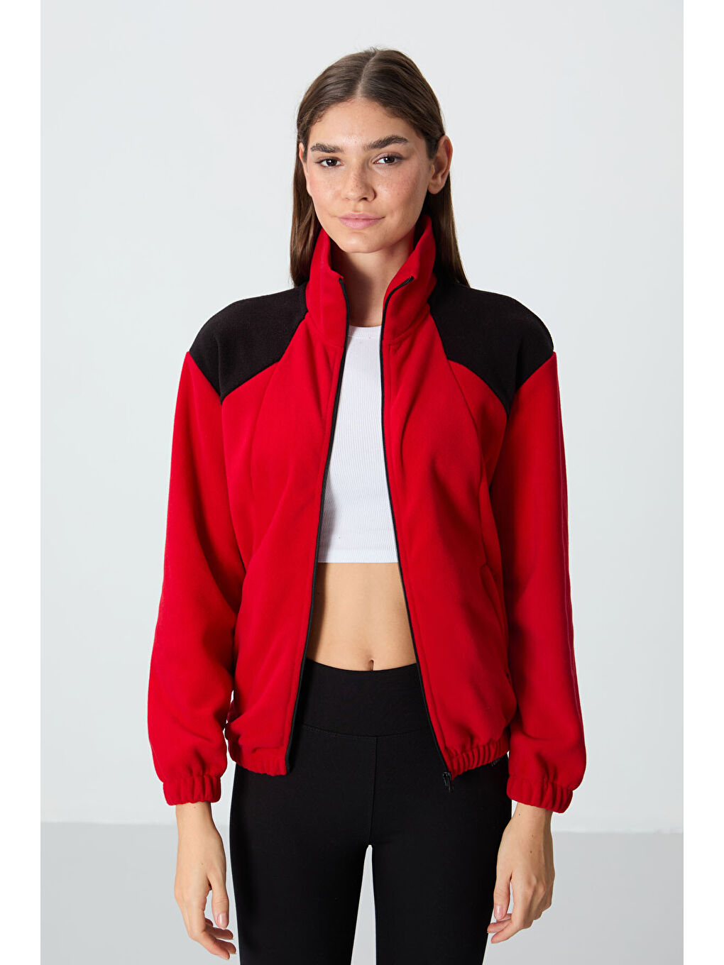 Kırmızı Kalın Yumuşak Dokulu Dik Yaka Oversize Nakışlı Polar Kadın Sweatshirt - 97293-1