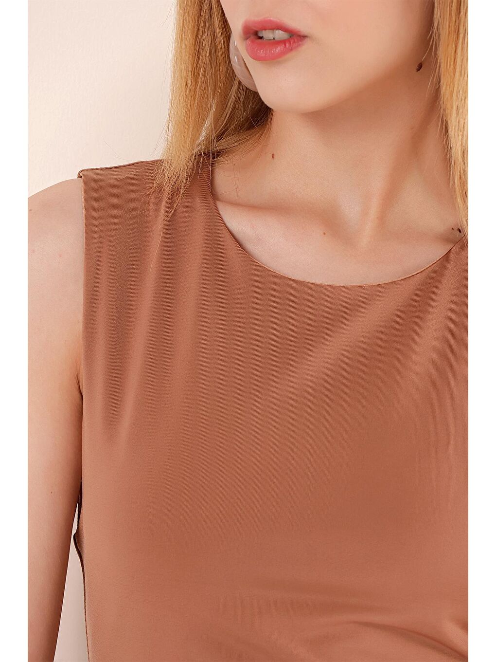 Bej Kadın Vizon Sıfır Kol Elastanlı Eteği Saçaklı Elbise-4