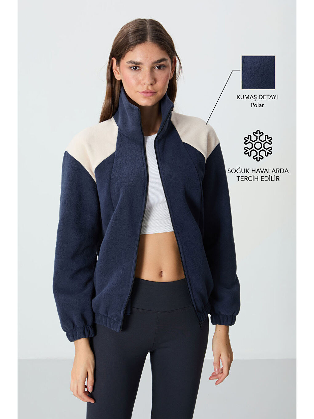 Lacivert Kalın Yumuşak Dokulu Dik Yaka Oversize Nakışlı Polar Kadın Sweatshirt - 97293-1