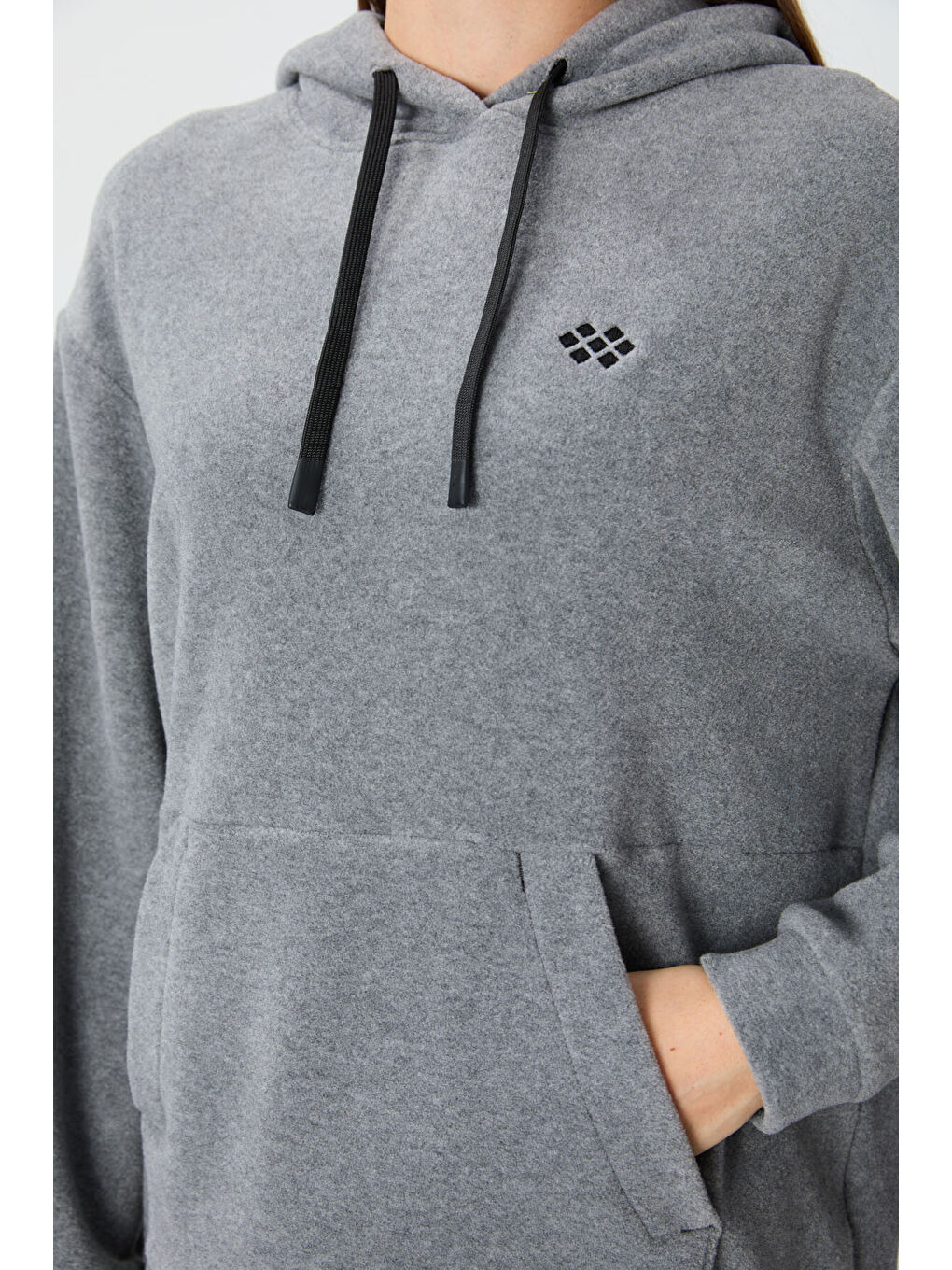 Gri Melanj Kalın Yumuşak Dokulu Hoodie Oversize Nakışlı Polar Kadın 97292-1