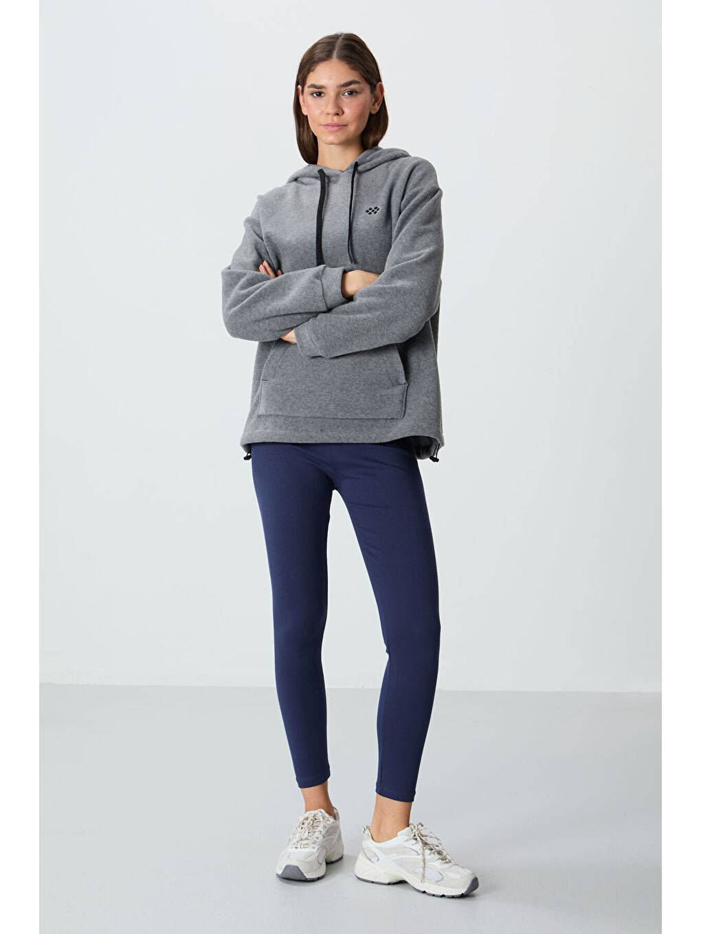 Gri Melanj Kalın Yumuşak Dokulu Hoodie Oversize Nakışlı Polar Kadın 97292-2