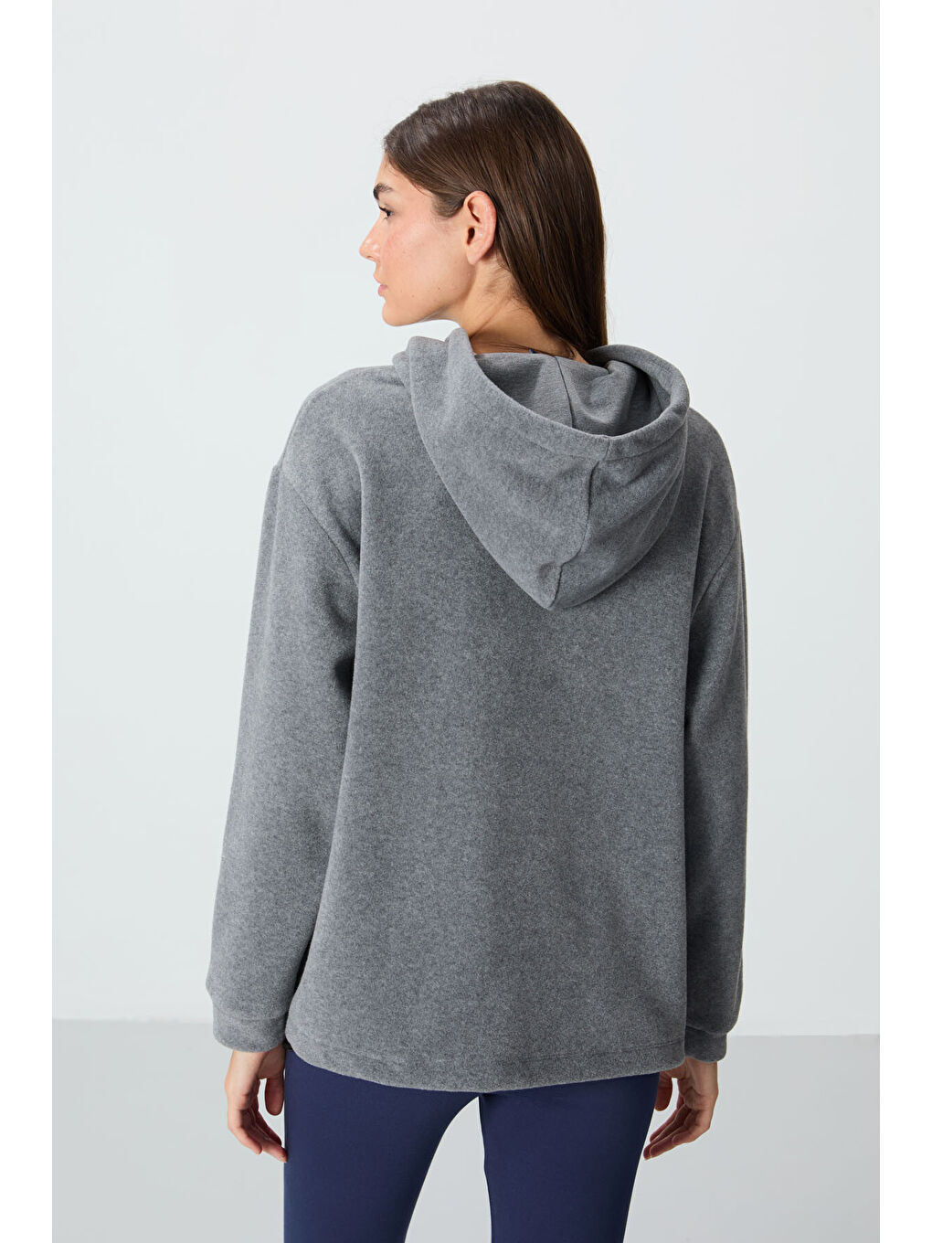 Gri Melanj Kalın Yumuşak Dokulu Hoodie Oversize Nakışlı Polar Kadın 97292-4